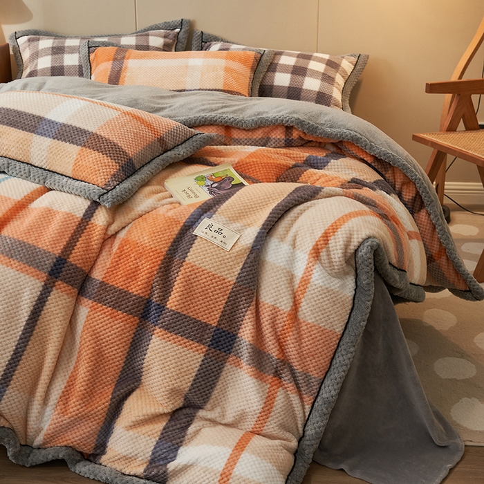 91家纺网 家纺一手货源 找家纺 早晨家纺 2025新款豆豆款菠萝格提花四件套 豆豆绒-大格橙