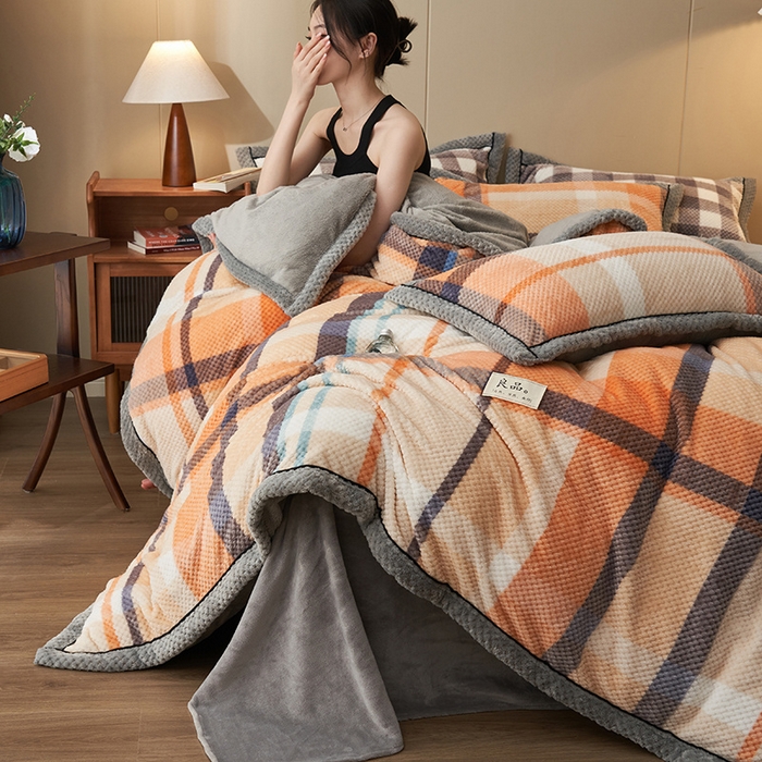 91家纺网 家纺一手货源 找家纺 早晨家纺 2025新款豆豆款菠萝格提花四件套 豆豆绒-大格橙