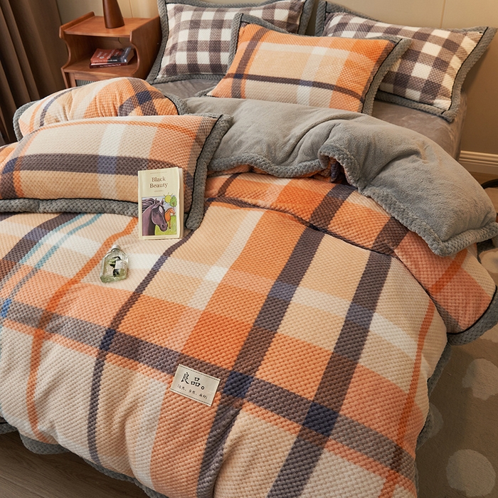 91家纺网 家纺一手货源 找家纺 早晨家纺 2025新款豆豆款菠萝格提花四件套 豆豆绒-大格橙