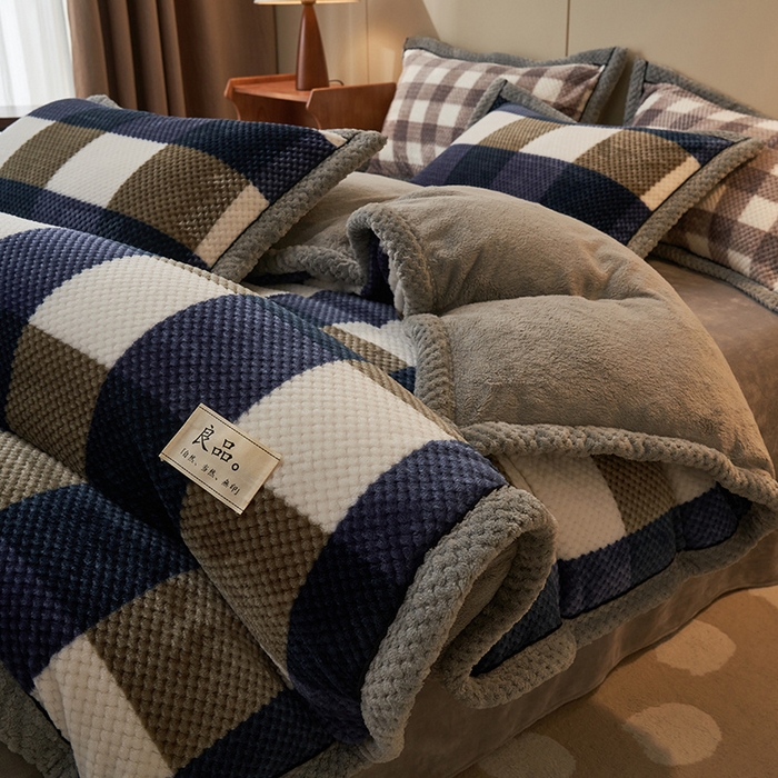 91家纺网 家纺一手货源 找家纺 早晨家纺 2025新款豆豆款菠萝格提花四件套 豆豆绒-大方格蓝