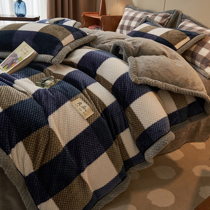 91家纺网 家纺一手货源 找家纺 早晨家纺 2025新款豆豆款菠萝格提花四件套 豆豆绒-大方格蓝