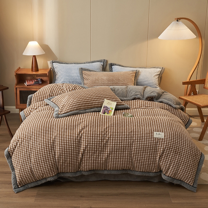 91家纺网 家纺一手货源 找家纺 早晨家纺 2025新款豆豆款菠萝格提花四件套 豆豆绒-小格咖