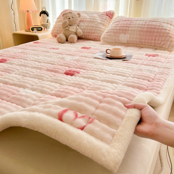 梵朴 2025新款牛奶绒泡泡兔毛绒床垫学生宿舍床褥子床护垫大床款印花系列 云纹爱心粉