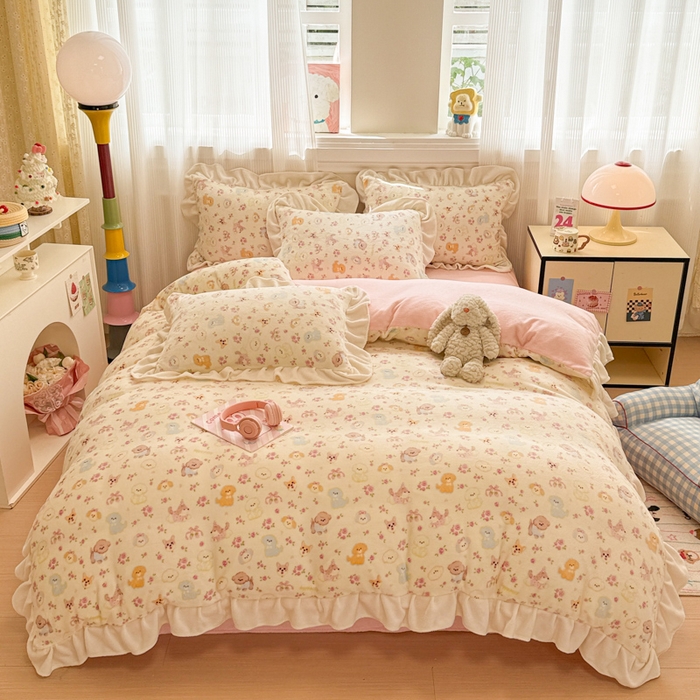 91家纺网 家纺一手货源 找家纺 （总）米莱家纺 2025新款牛奶绒印花花边四件套