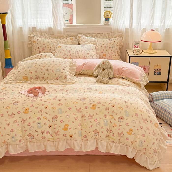 91家纺网 家纺一手货源 找家纺 （总）米莱家纺 2025新款牛奶绒印花花边四件套