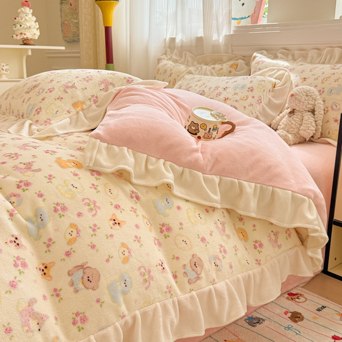 91家纺网 家纺一手货源 找家纺 （总）米莱家纺 2025新款牛奶绒印花花边四件套