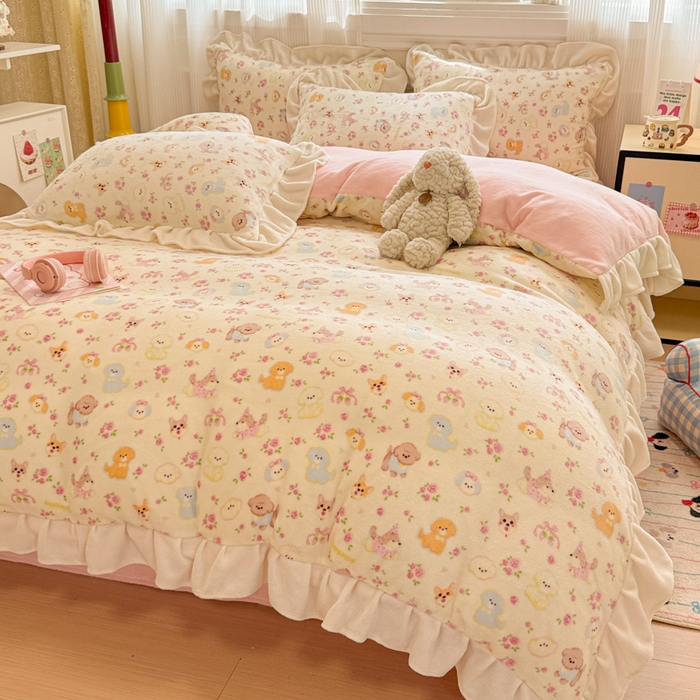 91家纺网 家纺一手货源 找家纺 （总）米莱家纺 2025新款牛奶绒印花花边四件套