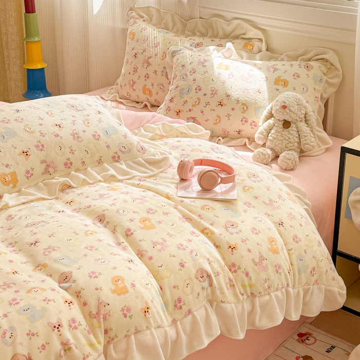 91家纺网 家纺一手货源 找家纺 （总）米莱家纺 2025新款牛奶绒印花花边四件套