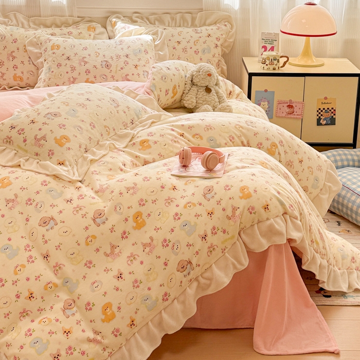 91家纺网 家纺一手货源 找家纺 （总）米莱家纺 2025新款牛奶绒印花花边四件套