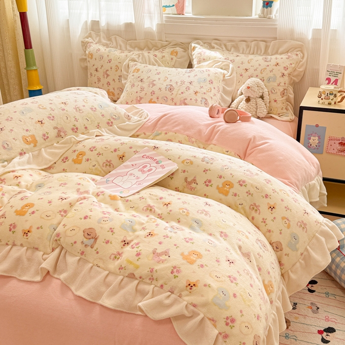 91家纺网 家纺一手货源 找家纺 （总）米莱家纺 2025新款牛奶绒印花花边四件套