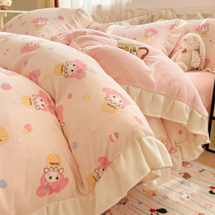 米莱家纺 2025新款牛奶绒印花花边四件套 奶茶小美