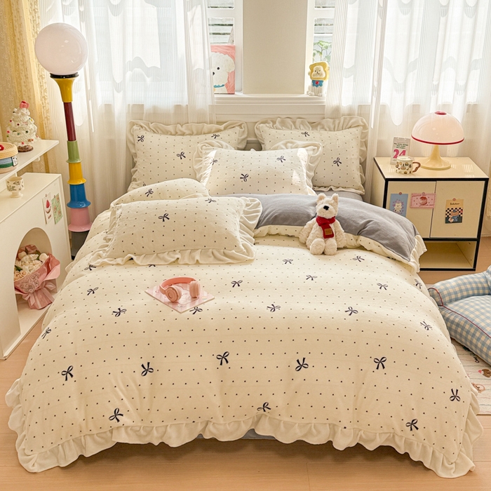 91家纺网 家纺一手货源 找家纺 米莱家纺 2025新款牛奶绒印花花边四件套 少女蝴蝶节