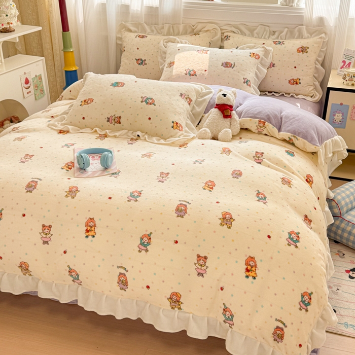 91家纺网 家纺一手货源 找家纺 米莱家纺 2025新款牛奶绒印花花边四件套 泡泡糖女孩