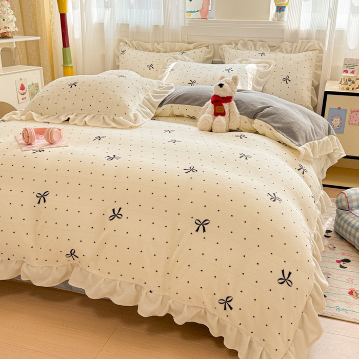 91家纺网 家纺一手货源 找家纺 米莱家纺 2025新款牛奶绒印花花边四件套 少女蝴蝶节