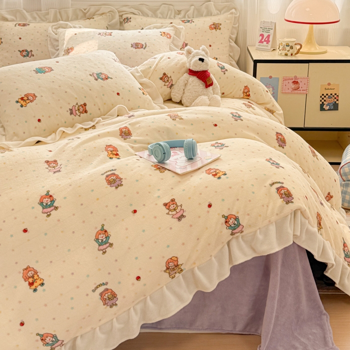 91家纺网 家纺一手货源 找家纺 米莱家纺 2025新款牛奶绒印花花边四件套 泡泡糖女孩