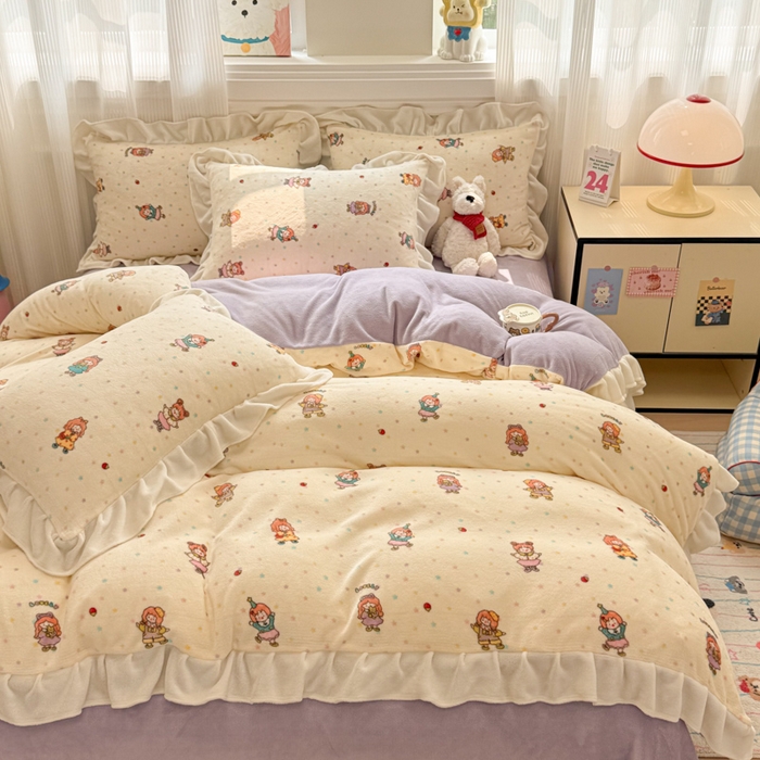 91家纺网 家纺一手货源 找家纺 米莱家纺 2025新款牛奶绒印花花边四件套 泡泡糖女孩