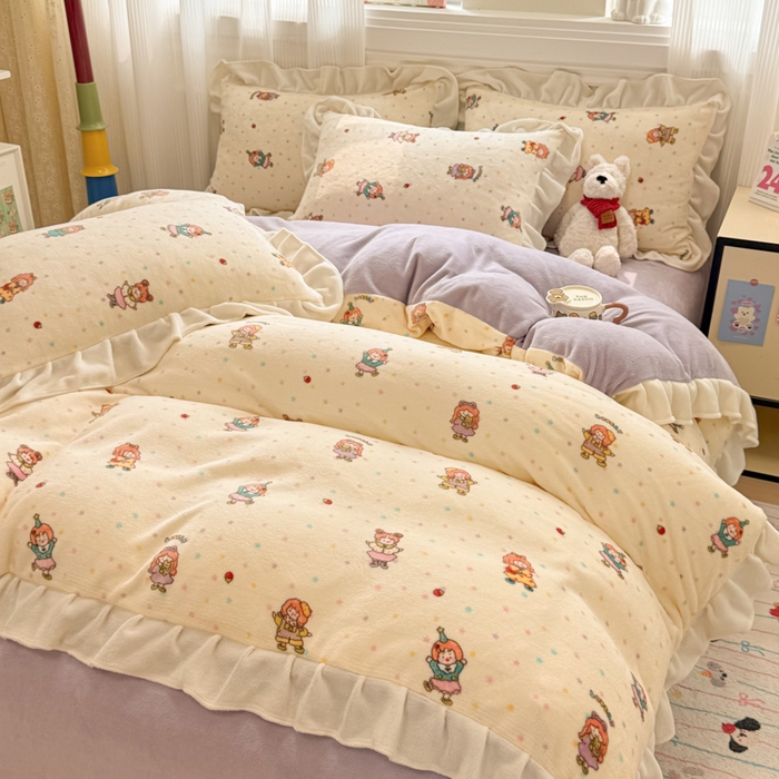 91家纺网 家纺一手货源 找家纺 米莱家纺 2025新款牛奶绒印花花边四件套 泡泡糖女孩