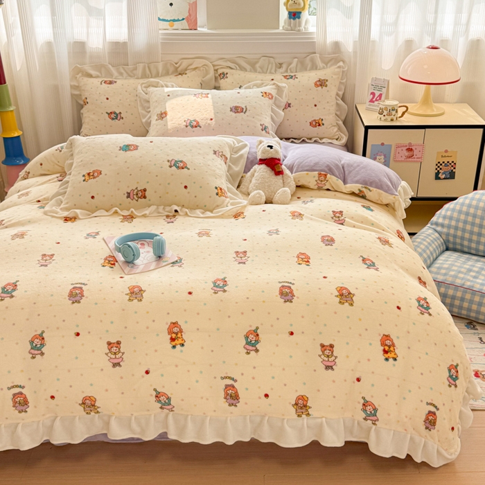 91家纺网 家纺一手货源 找家纺 米莱家纺 2025新款牛奶绒印花花边四件套 泡泡糖女孩