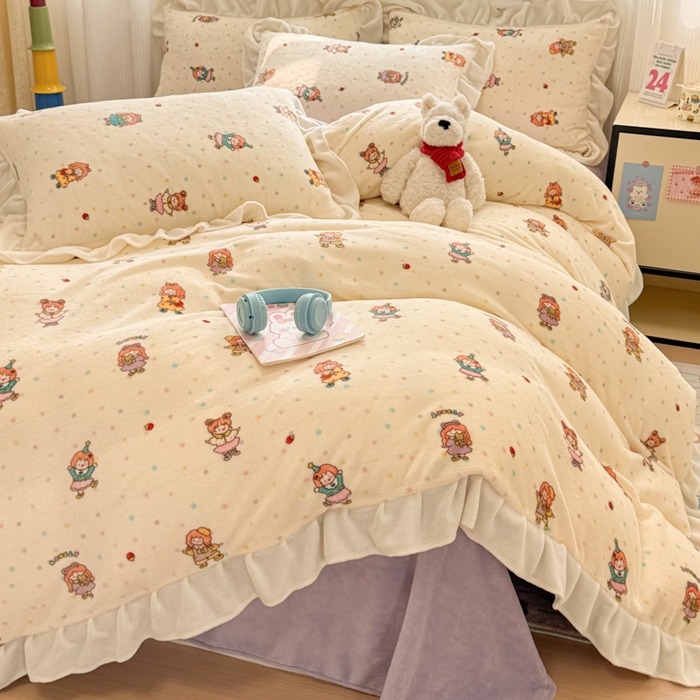 91家纺网 家纺一手货源 找家纺 米莱家纺 2025新款牛奶绒印花花边四件套 泡泡糖女孩