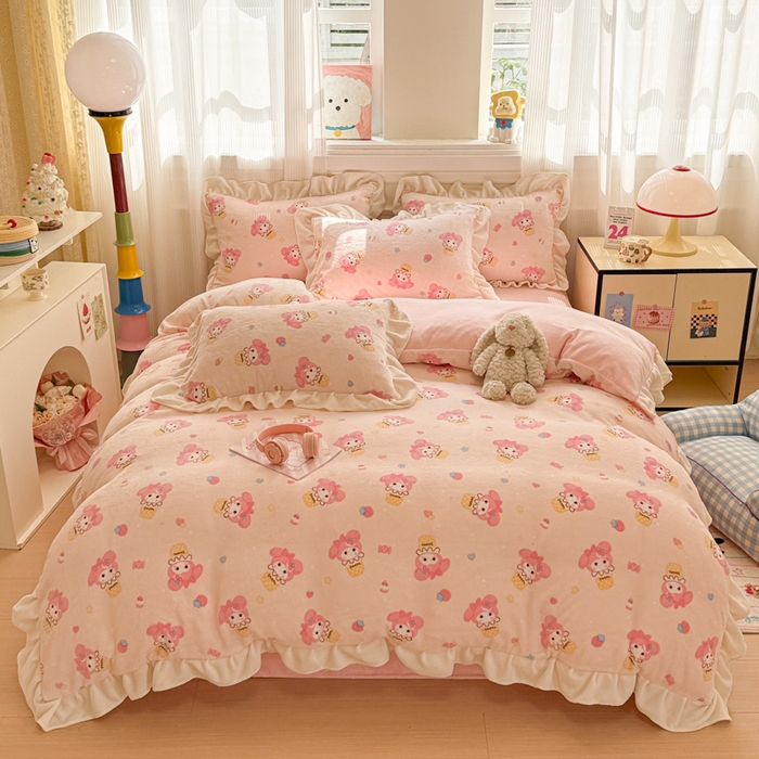 91家纺网 家纺一手货源 找家纺 米莱家纺 2025新款牛奶绒印花花边四件套 奶茶小美