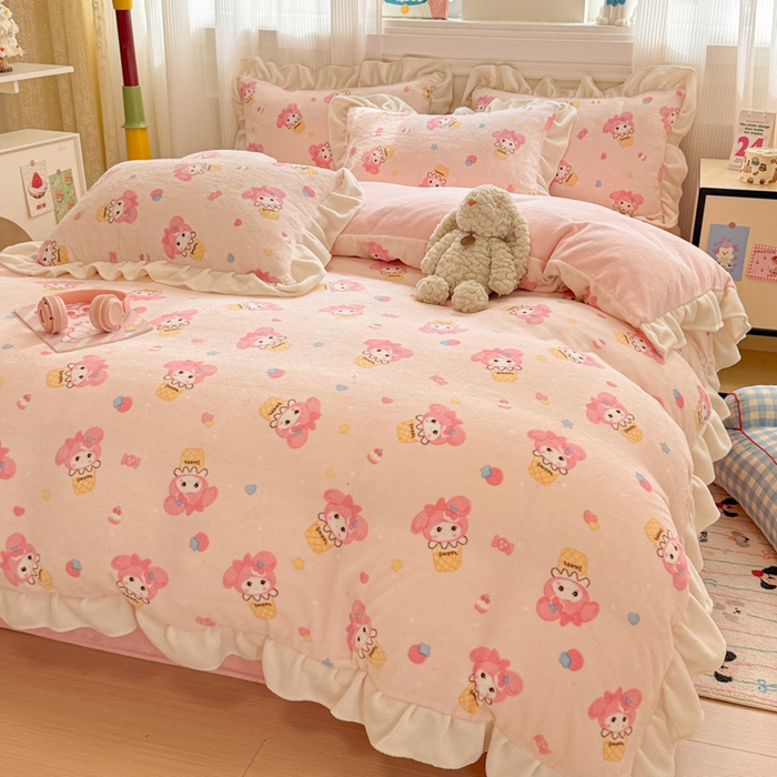 91家纺网 家纺一手货源 找家纺 米莱家纺 2025新款牛奶绒印花花边四件套 奶茶小美