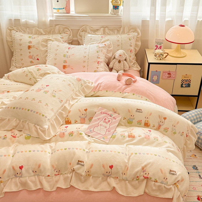 91家纺网 家纺一手货源 找家纺 米莱家纺 2025新款牛奶绒印花花边四件套 你好小兔