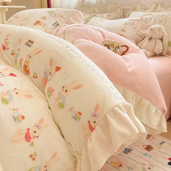 米莱家纺 2025新款牛奶绒印花花边四件套 你好小兔