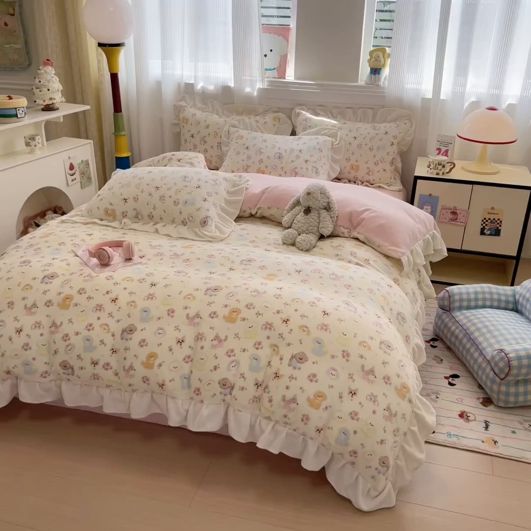 91家纺网 家纺一手货源 找家纺 米莱家纺 2025新款牛奶绒印花花边四件套 童趣乐园