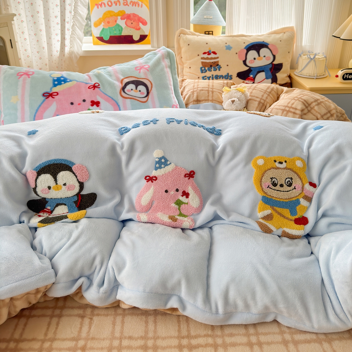 91家纺网 家纺一手货源 找家纺 铭宣家居 2025新款200g牛奶绒数码印花加毛巾绣四件套 快乐萌友