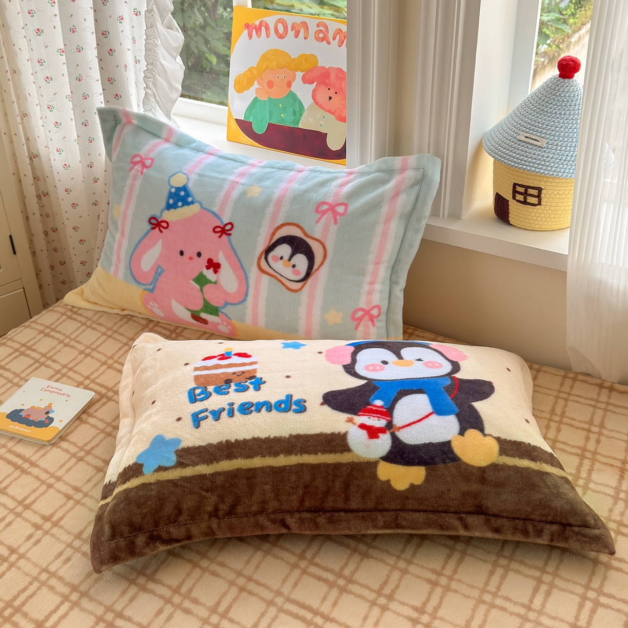 91家纺网 家纺一手货源 找家纺 铭宣家居 2025新款200g牛奶绒数码印花加毛巾绣四件套 快乐萌友