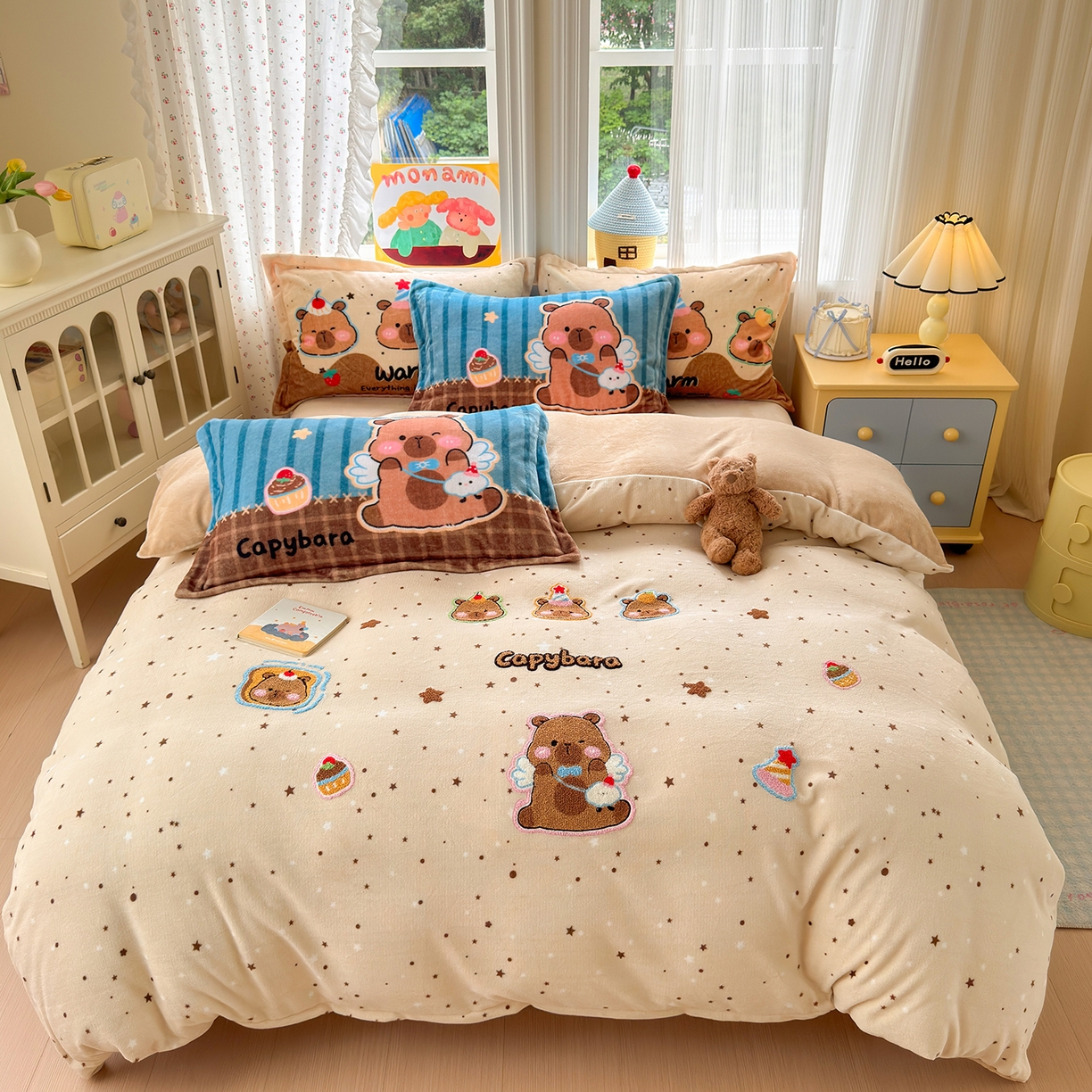 铭宣家居 2025新款200g牛奶绒数码印花加毛巾绣四件套 星落卡皮