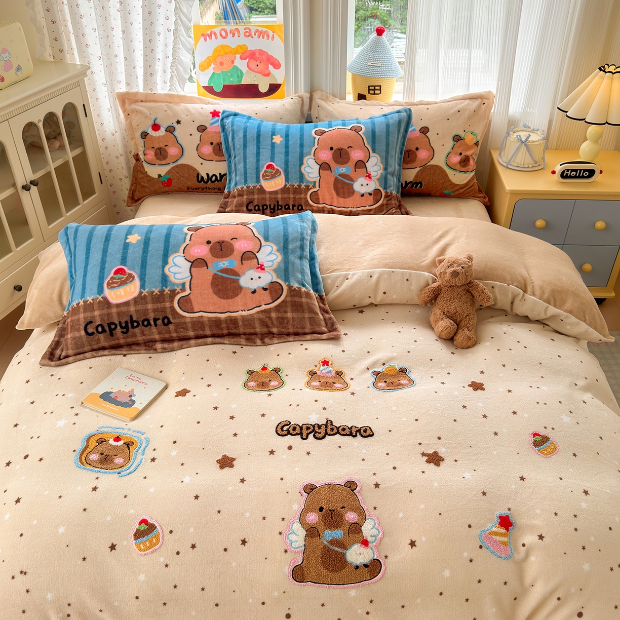 91家纺网 家纺一手货源 找家纺 铭宣家居 2025新款200g牛奶绒数码印花加毛巾绣四件套 星落卡皮