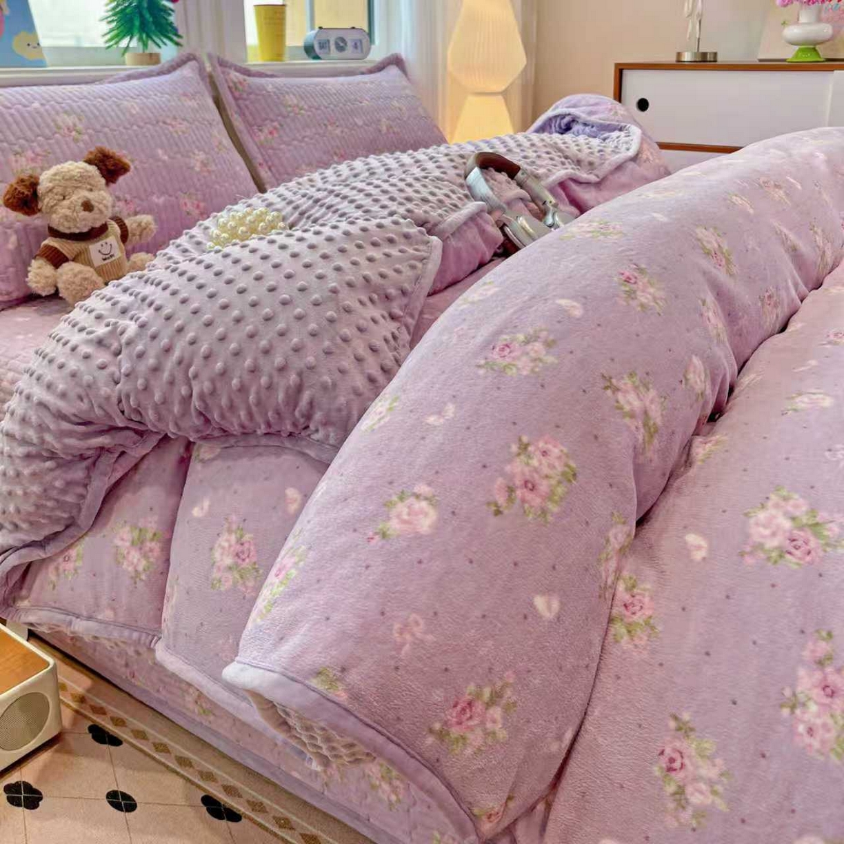 91家纺网 家纺一手货源 找家纺 （总）元熙 2025新款印花小清新韩国绒牛奶绒豆豆床盖四件套