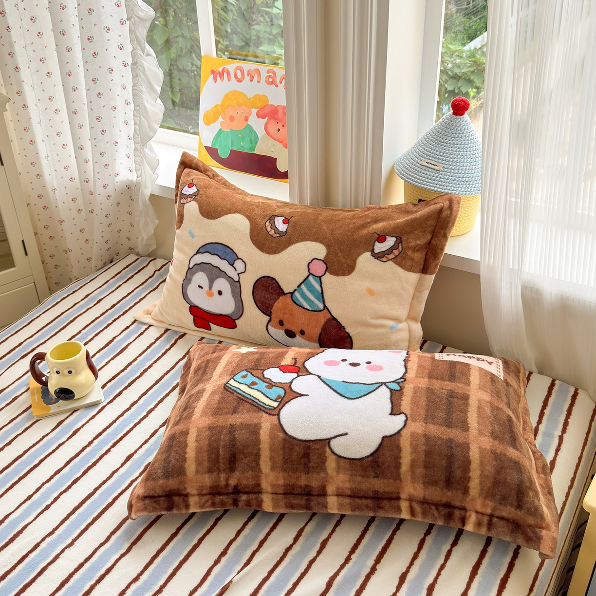 铭宣家居 2025新款200g牛奶绒数码印花加毛巾绣单枕套 海盐蛋糕