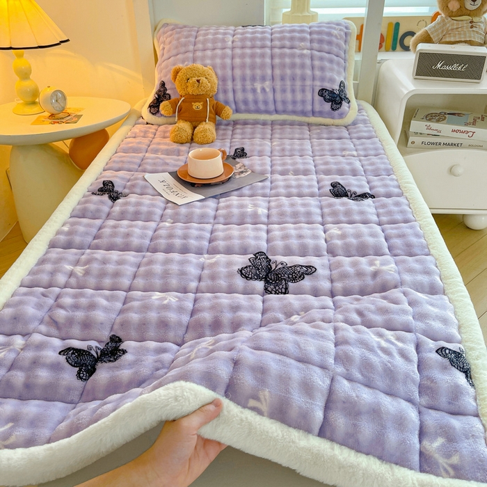 梵朴 2025新款牛奶绒泡泡兔毛绒床垫学生宿舍床褥子床护垫学生款印花系列 蕾丝蝴蝶结紫