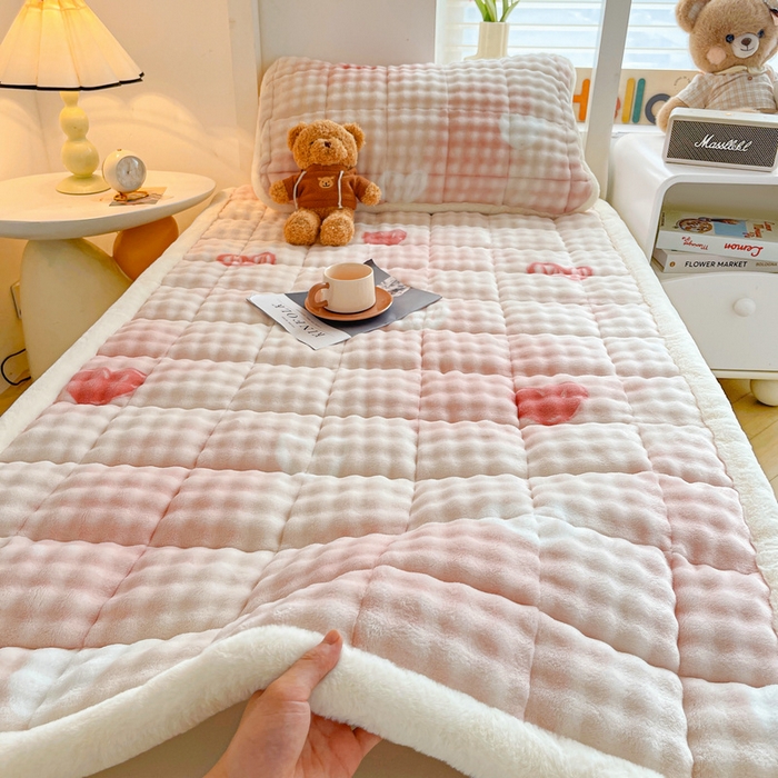 梵朴 2025新款牛奶绒泡泡兔毛绒床垫学生宿舍床褥子床护垫学生款印花系列 云纹爱心粉