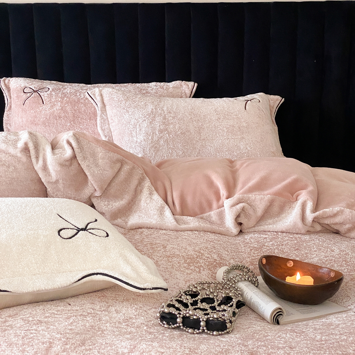 91家纺网 家纺一手货源 找家纺 星野 2025新款高克重牛奶绒云锦绒刺绣四件套-可可西里 可可西里-玉粉