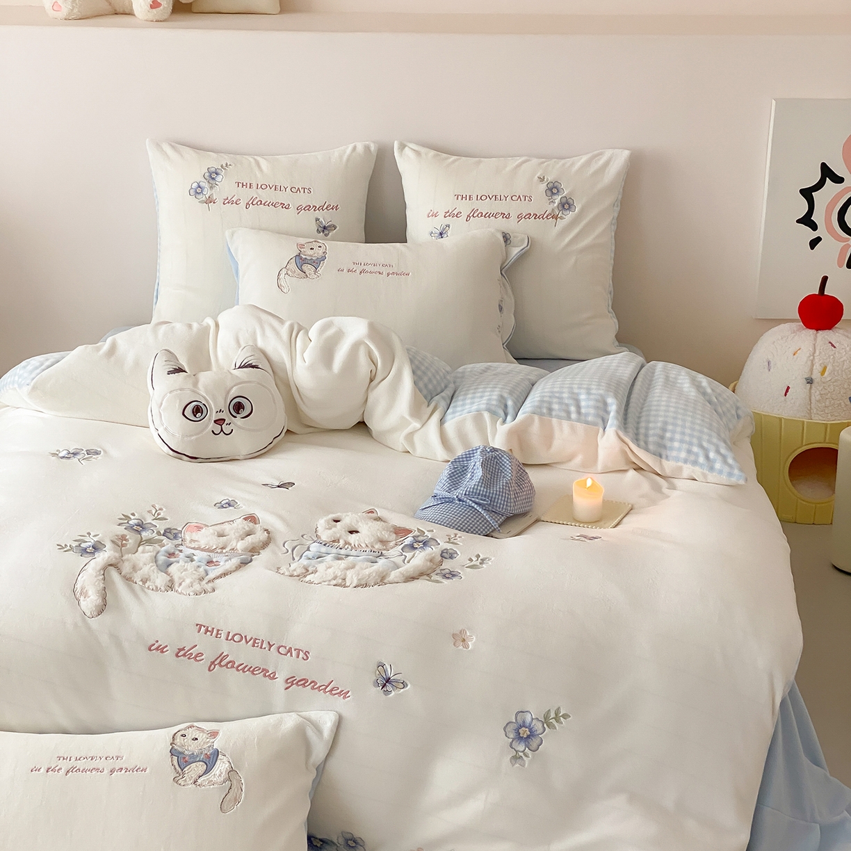 91家纺网 家纺一手货源 找家纺 （总）星野 2025新款高克重牛奶绒贴布刺绣四件套-喵花细语