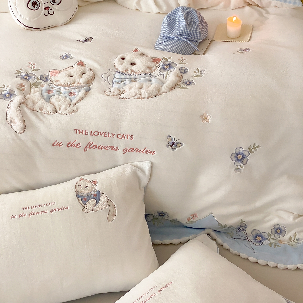 91家纺网 家纺一手货源 找家纺 （总）星野 2025新款高克重牛奶绒贴布刺绣四件套-喵花细语