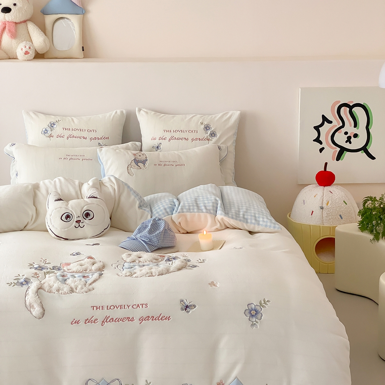 91家纺网 家纺一手货源 找家纺 （总）星野 2025新款高克重牛奶绒贴布刺绣四件套-喵花细语