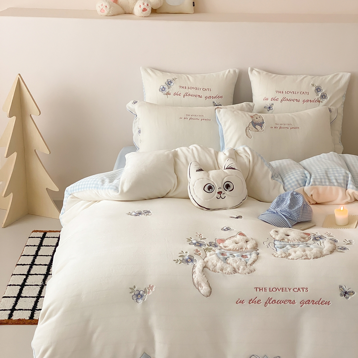 91家纺网 家纺一手货源 找家纺 （总）星野 2025新款高克重牛奶绒贴布刺绣四件套-喵花细语