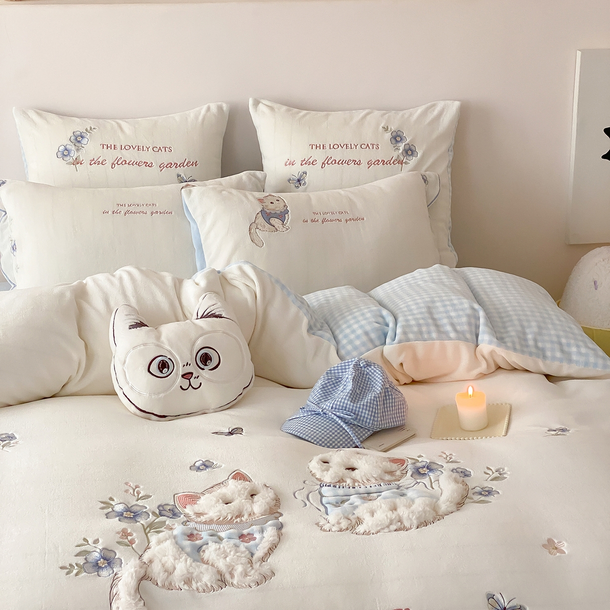 91家纺网 家纺一手货源 找家纺 （总）星野 2025新款高克重牛奶绒贴布刺绣四件套-喵花细语