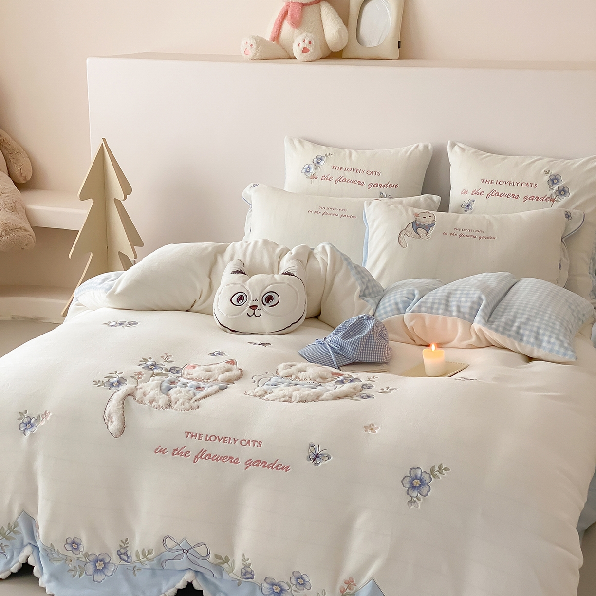 91家纺网 家纺一手货源 找家纺 （总）星野 2025新款高克重牛奶绒贴布刺绣四件套-喵花细语