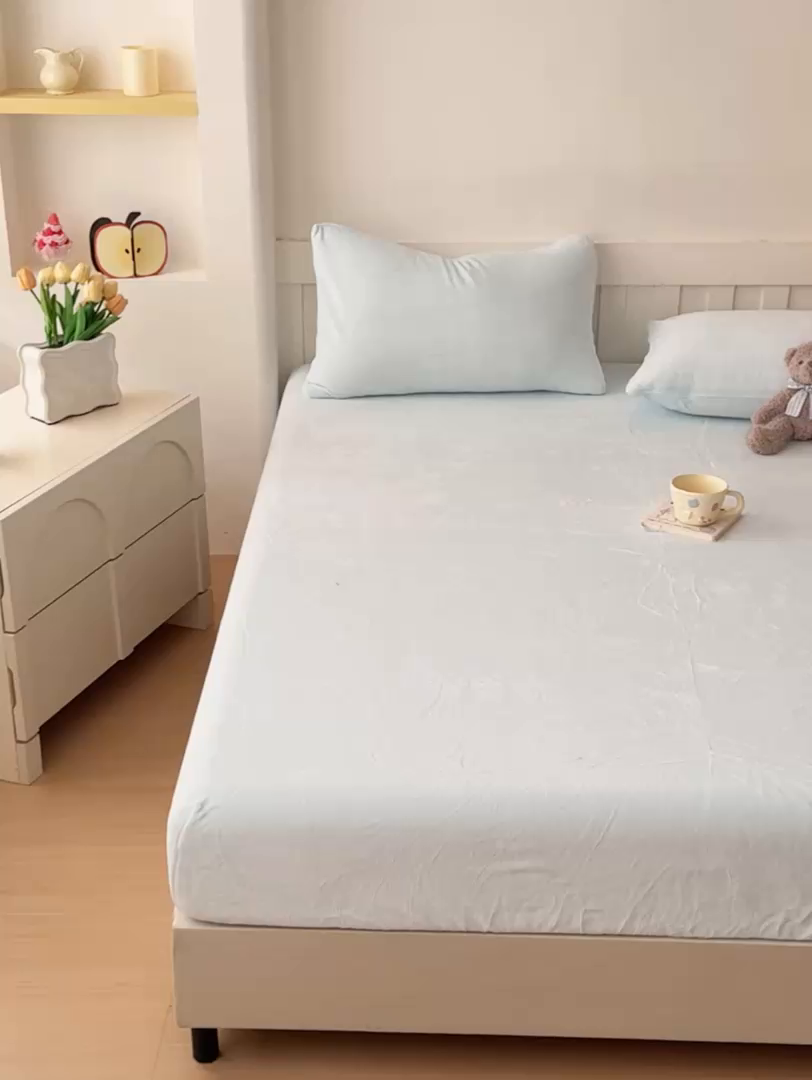 91家纺网 家纺一手货源 找家纺 富阿娜家纺 2025新款牛奶绒纯色床笠三件套 月光蓝