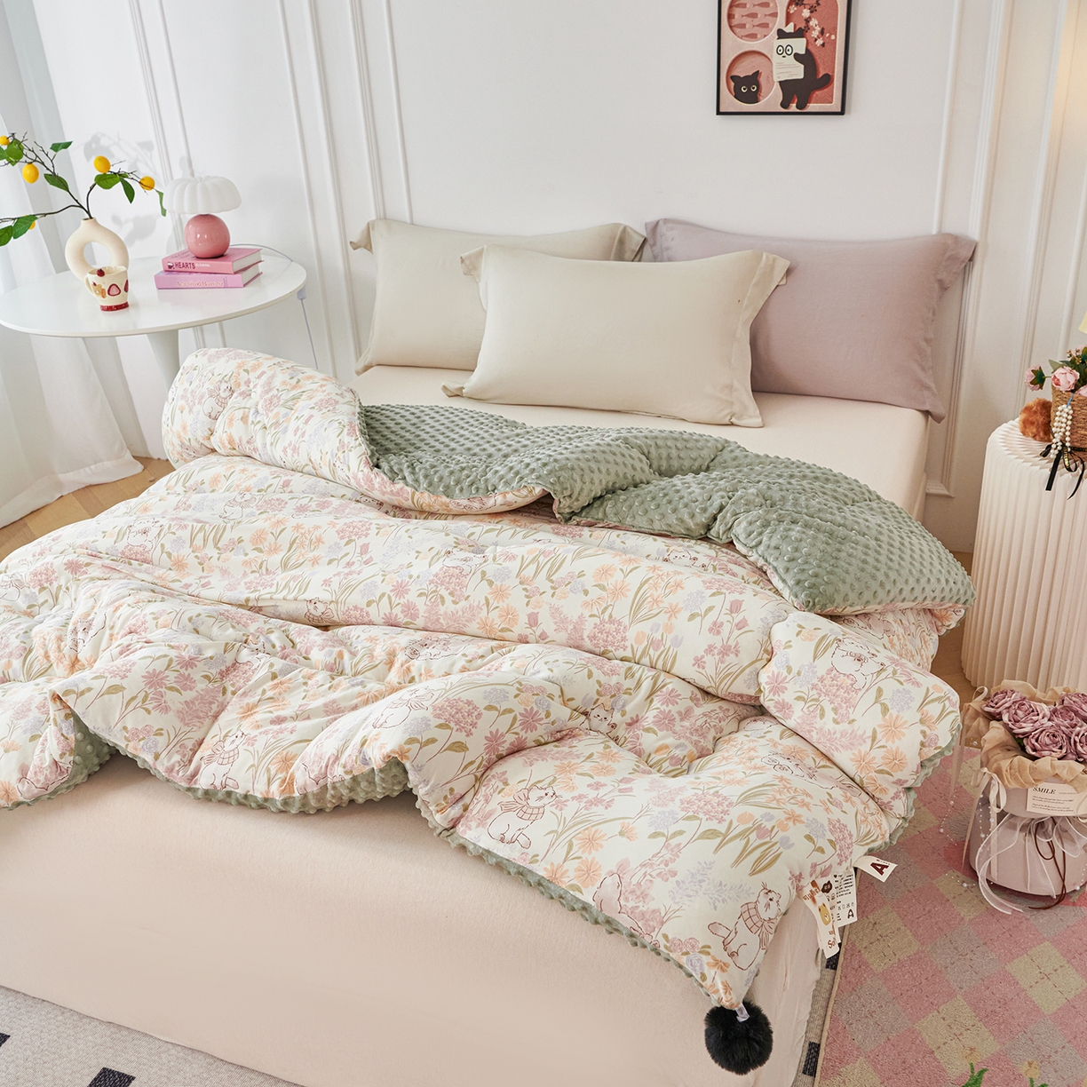 91家纺网 家纺一手货源 找家纺 缔锦家纺 2025新款小版卡通豆豆被被子被芯 乖乖喵