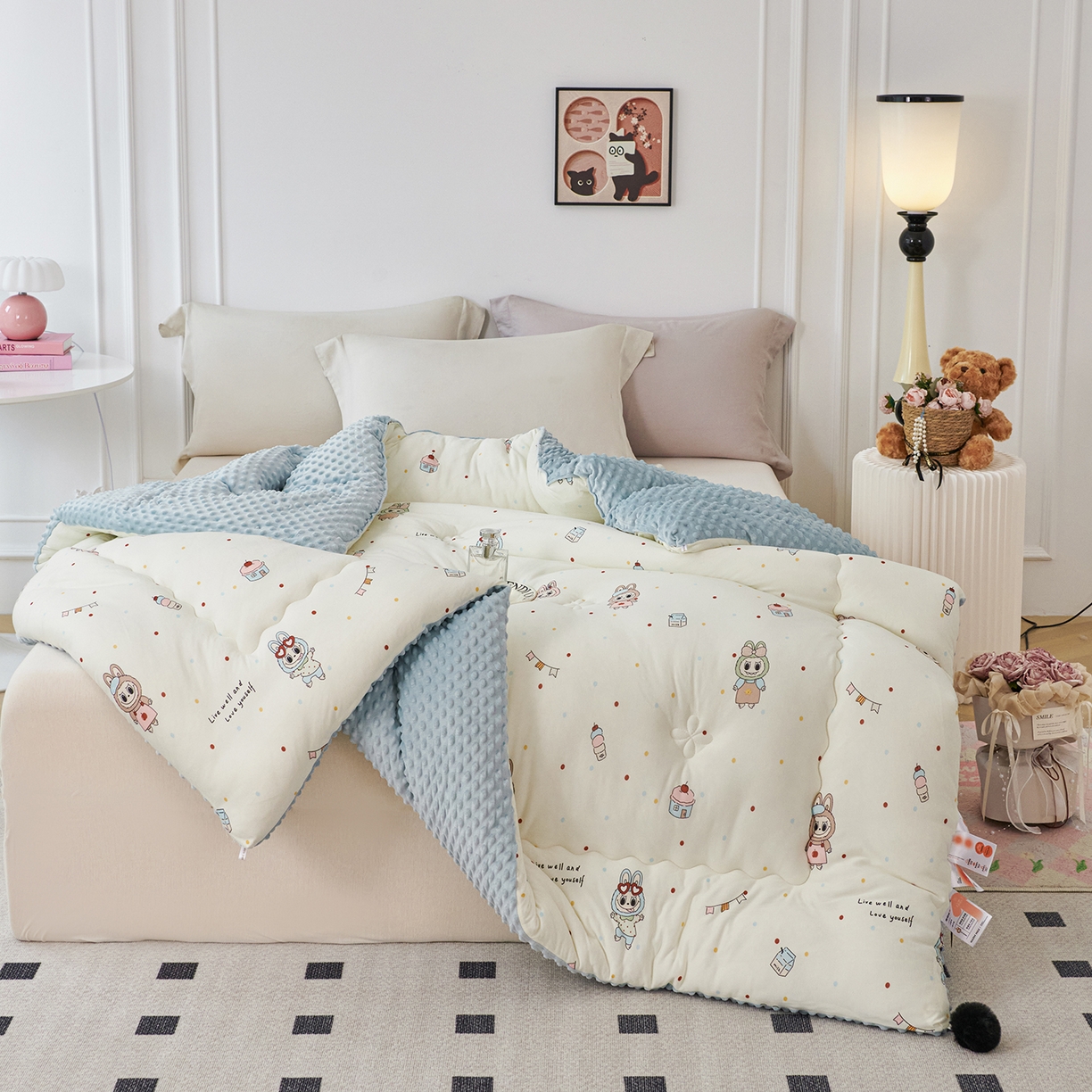 91家纺网 家纺一手货源 找家纺 缔锦家纺 2025新款小版卡通豆豆被被子被芯 蓝布布