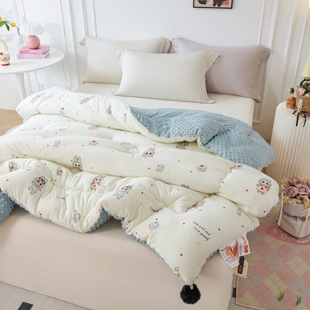 91家纺网 家纺一手货源 找家纺 缔锦家纺 2025新款小版卡通豆豆被被子被芯 蓝布布