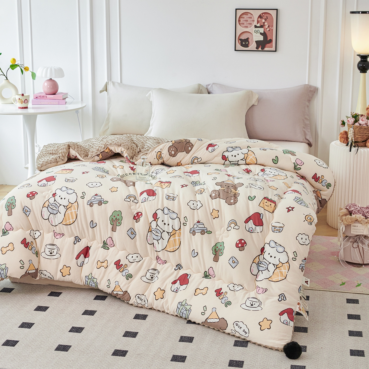 91家纺网 家纺一手货源 找家纺 缔锦家纺 2025新款小版卡通豆豆被被子被芯 熊熊咖