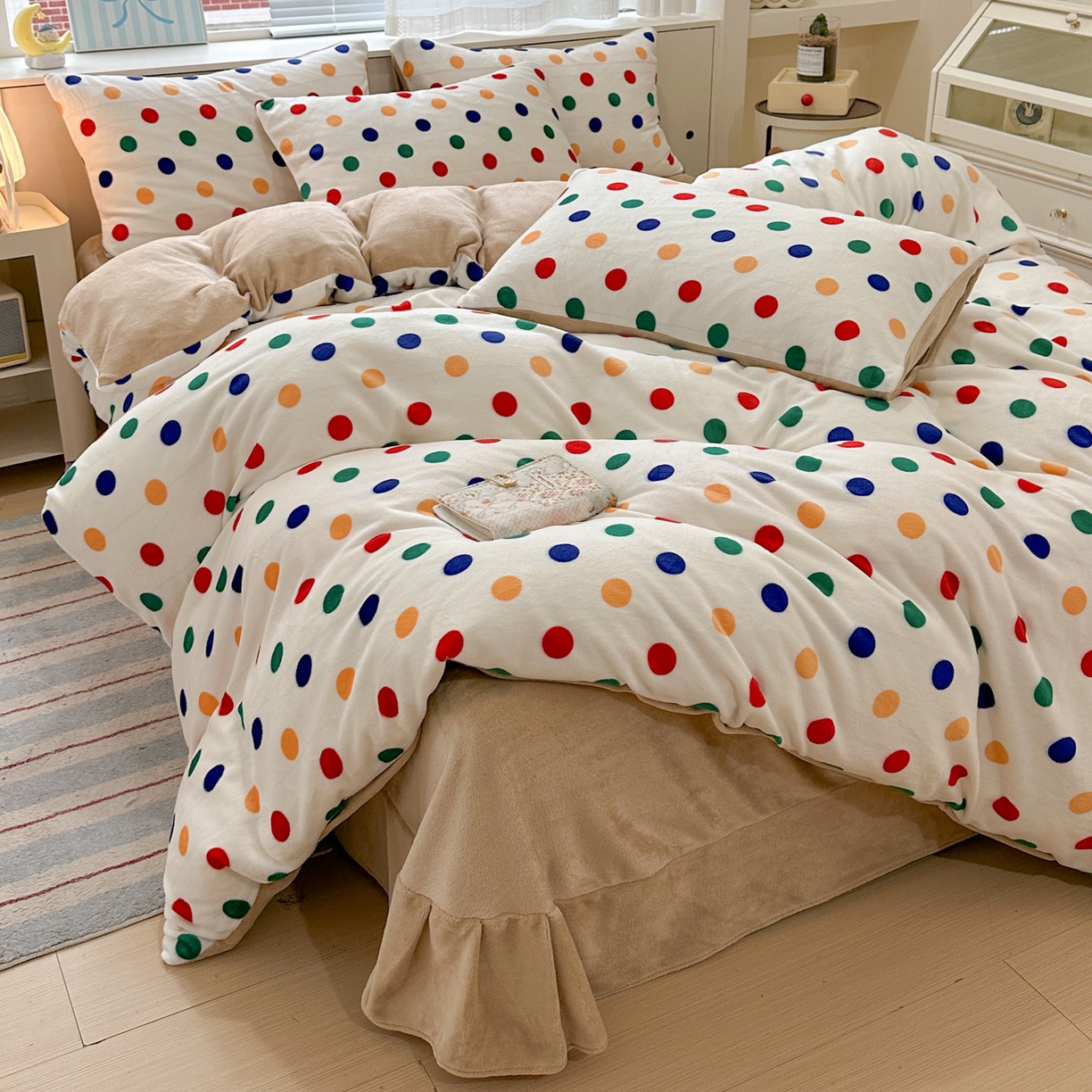 梦莱斯 2025新款加厚保暖双面牛奶绒四件套 彩虹波点