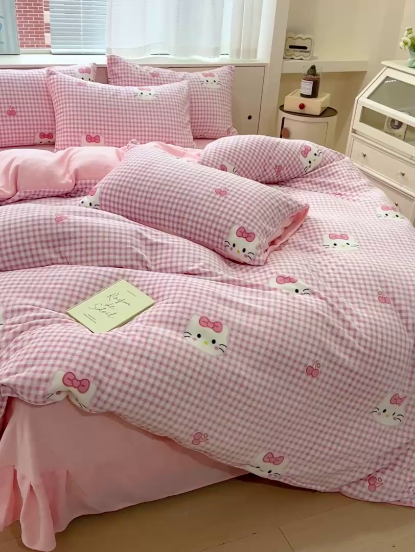 91家纺网 家纺一手货源 找家纺 梦莱斯 2025新款加厚保暖双面牛奶绒四件套 粉色猫